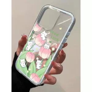 Hoa tulip thỏ hồng cho 16 trường hợp iPhone 17Air 3 trong 1 bezel 14 13 11Pro