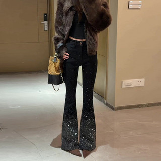 Quần jeans ống loe đính đá sao nữ Cạp cao Tôn dáng 2026 Mùa xuân Cổ điển