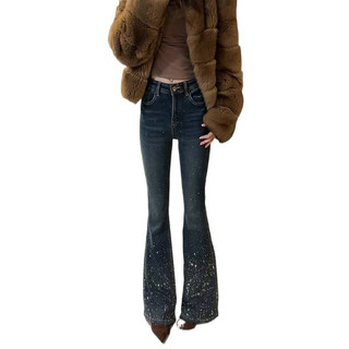 Quần jeans ống loe đính đá sao nữ Cạp cao Tôn dáng 2026 Mùa xuân Cổ điển