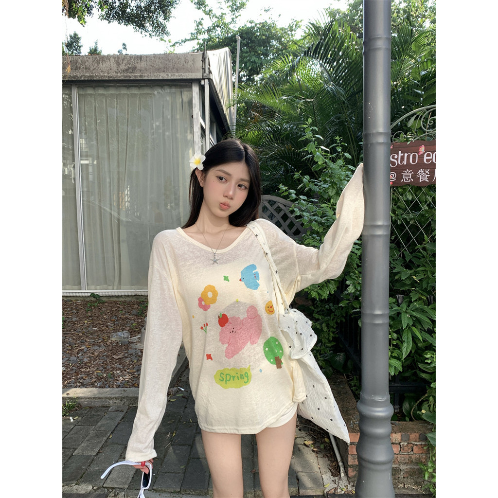 SUXI Áo thun dài tay in hình hoạt hình cho nữ mùa xuân 260310