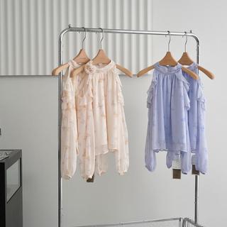 Áo sơ mi voan cổ bướm, dây tháo rời, họa tiết hoa 3D, màu tím ngọt ngào, phù hợp mùa xuân hè