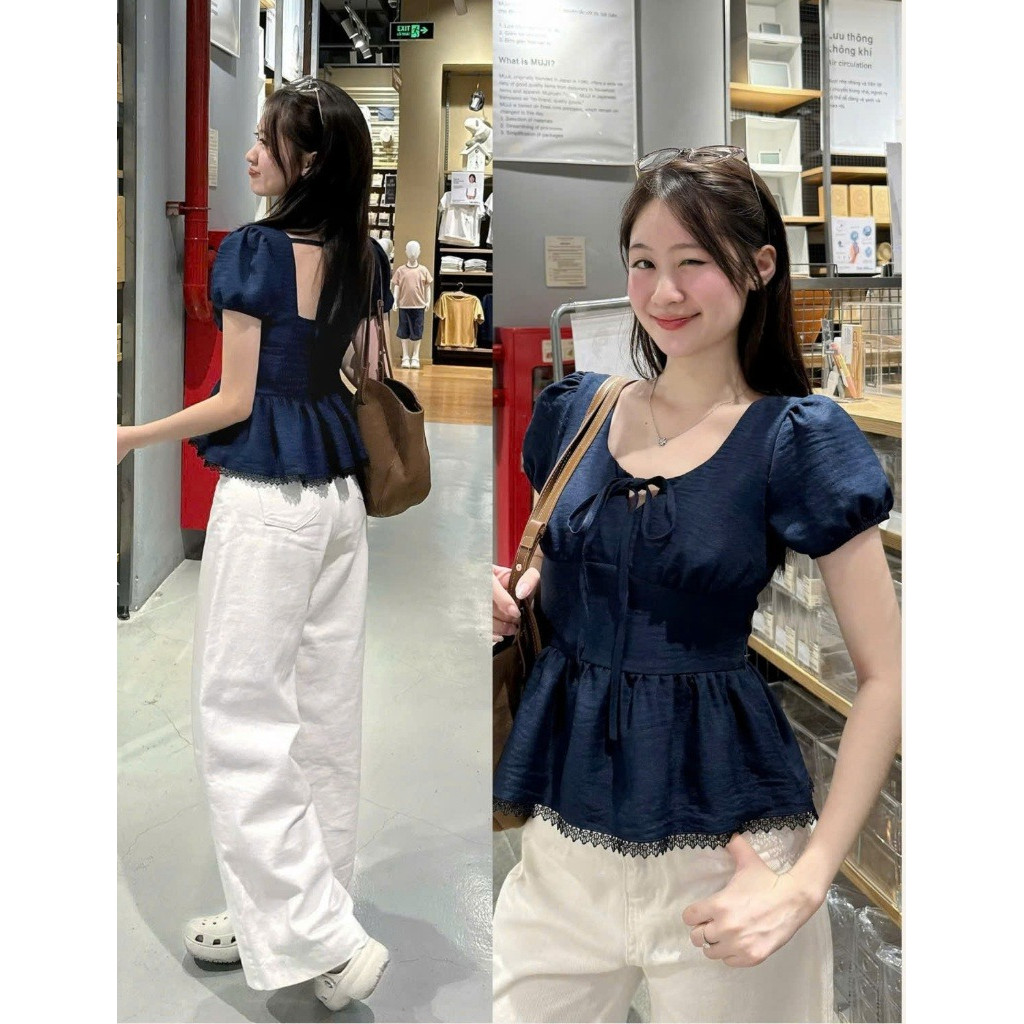 Áo Kiểu Nơ Buộc Bo Eo Tay Bồng Pha Ren A315517  Thời Trang Nữ Bigsize