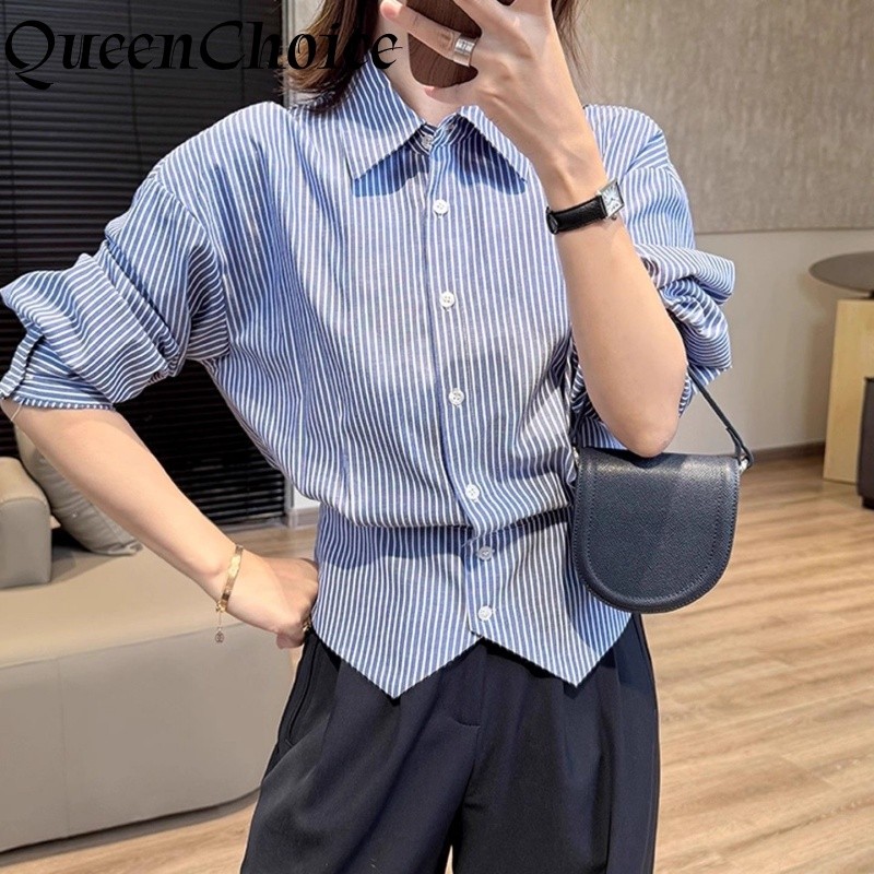 Slim Eo Nữ Thời Trang Sọc Dài Tay Áo Sơ Mi Nữ Cổ Áo Sơ Mi
