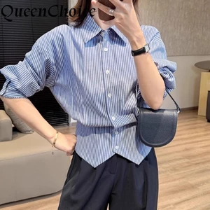 Slim Eo Nữ Thời Trang Sọc Dài Tay Áo Sơ Mi Nữ Cổ Áo Sơ Mi