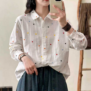 [Hàng có sẵn] Áo sơ mi nữ 100% sợi cotton chất lượng cao thêu cotton mùa xuân mềm mại Áo giảm béo thông thường mới