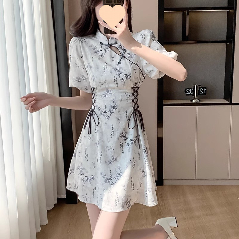 Váy ngắn phong cách tranh thủy mặc, sườn xám cải tiến theo phong cách Trung Hoa mới, váy phong cách dân tộc cổ điển