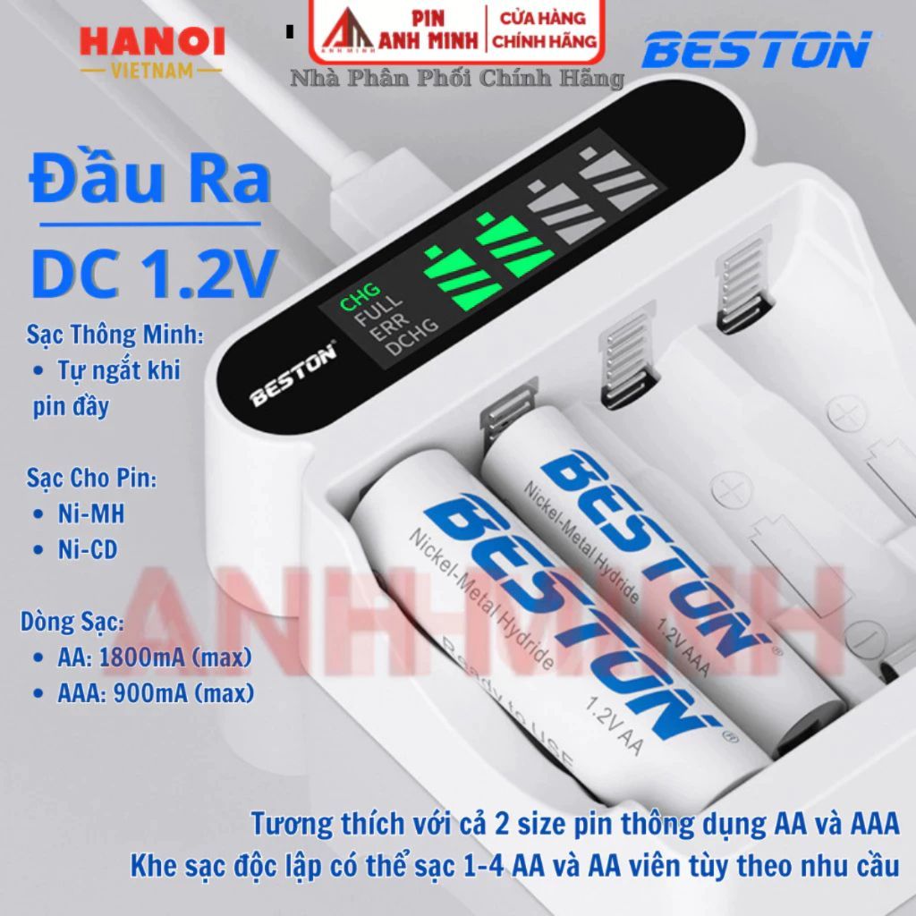 Máy Sạc BESTON C9023L và pin sạc AA (2A) AAA (3A) C9023 - Bộ Sạc thông minh tự ngắt có màn hình LCD