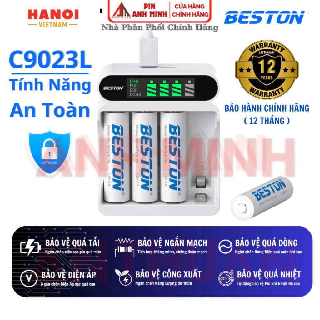 Máy Sạc BESTON C9023L và pin sạc AA (2A) AAA (3A) C9023 - Bộ Sạc thông minh tự ngắt có màn hình LCD