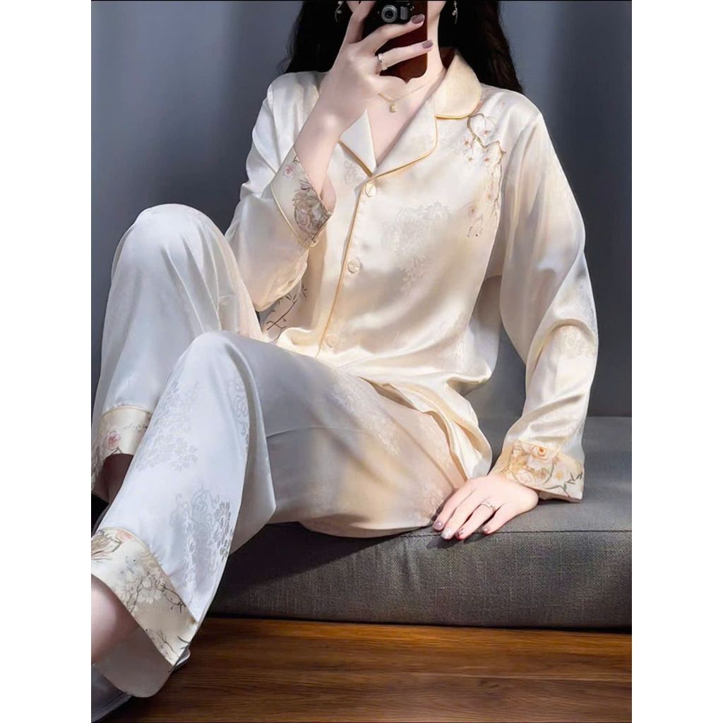 Đồ Bộ Nữ Pijama Bộ Lụa latin Tay dài thường mặc sang chảnh freesize (40-80KG) MẪU VIỀN CAM NHẠT MỚIYY
