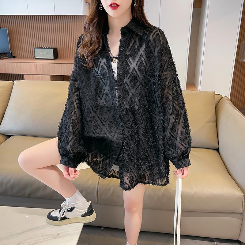 Áo chống nắng kiểu Hồng Kông mới dành cho nữ, áo khoác ngoài thời trang, dáng rộng, áo lưới mỏng mùa hè, áo dài vừa phải