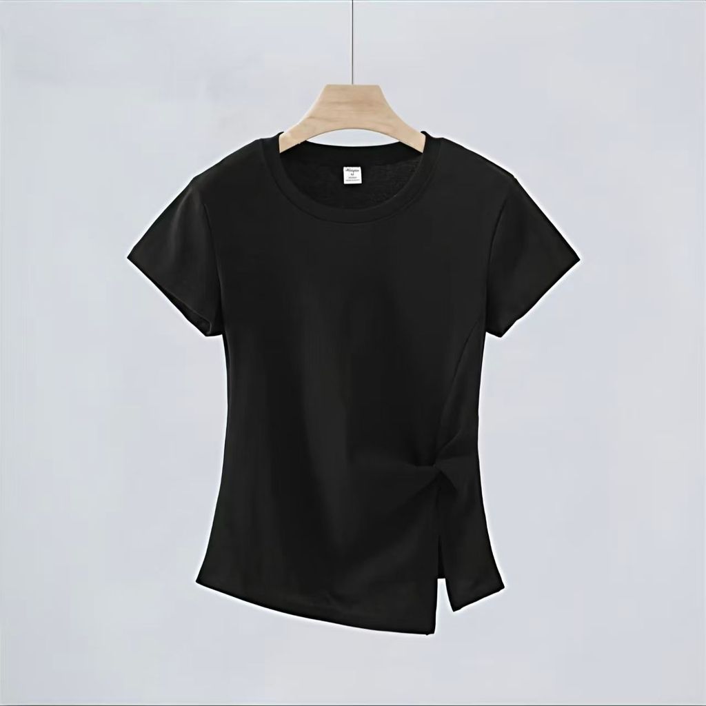 Áo thun nữ short-sleeve với thiết kế thắt nút cổ tròn phong cách Hàn Quốc, phù hợp mùa hè, dáng slim-fit.