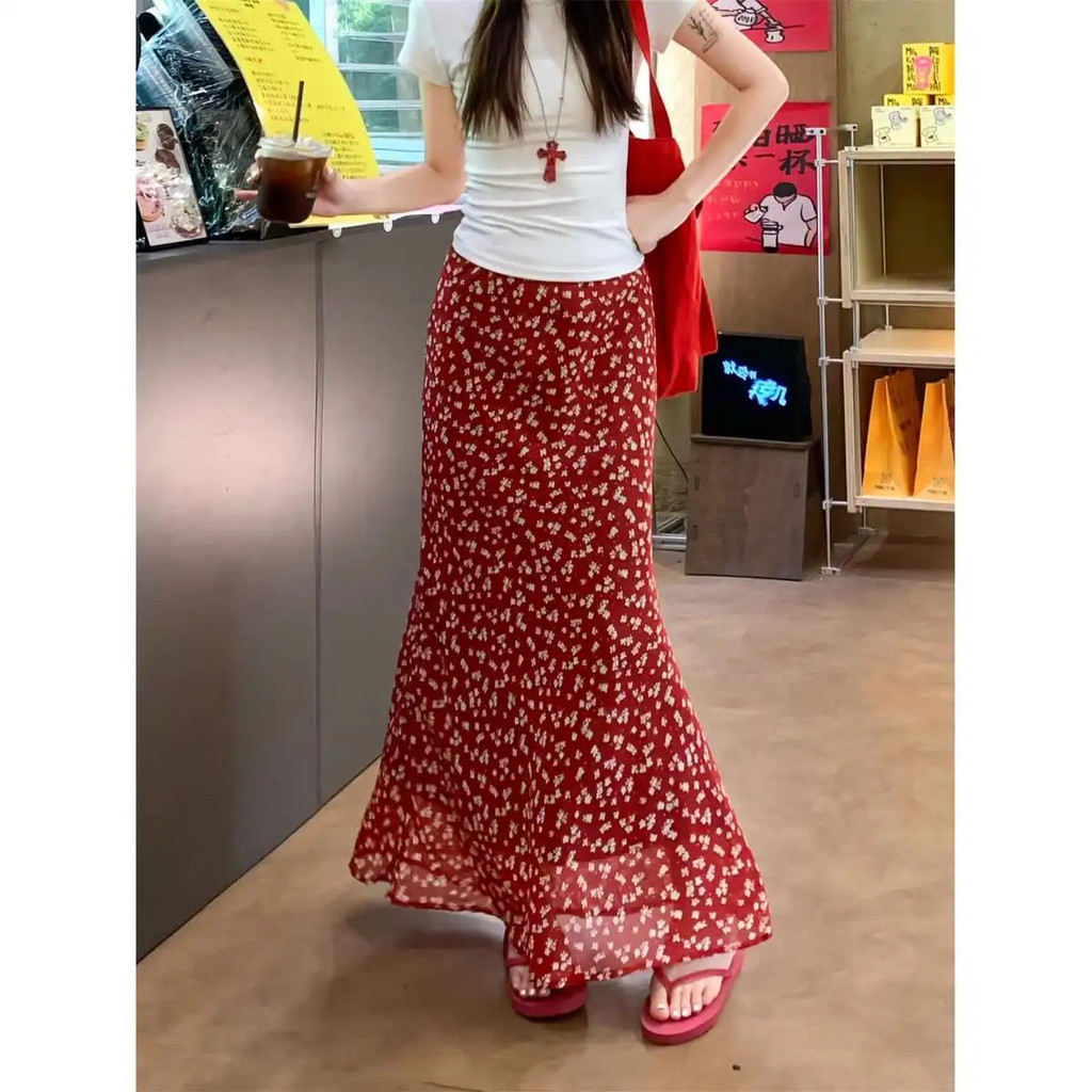 Váy Trung Dài Việt Nam, Phong Cách Hàn Quốc, Dáng Ôm Eo Cao, Vải Voan Hoa, Thích Hợp Mùa Hè