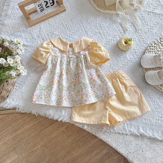 [8-26kg] Set Bộ Cổ Sen Cộc Tay Đính Nơ Cho Bé Gái Chất Thô Lụa Xanh- Vàng