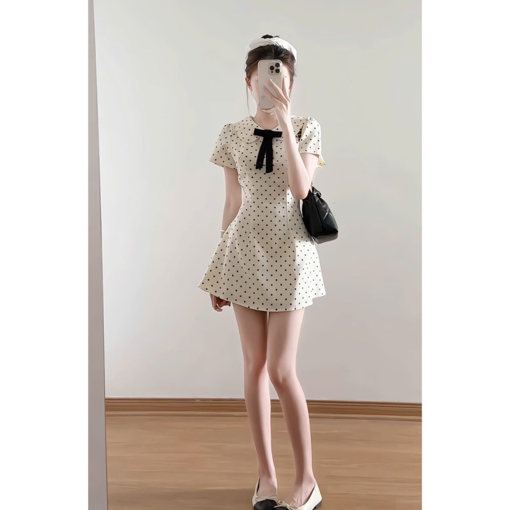 Váy ngắn tay cổ sen đính nơ họa tiết chấm bi chiết eo nhẹ nhàng dáng xòe dáng ngắn - VA002 TL.Online Shop