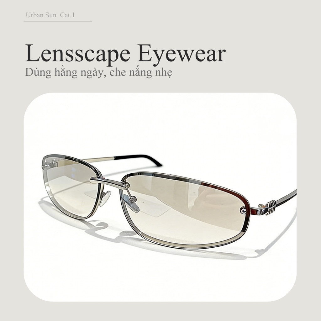 Lensscape Kính mát nữ dáng chữ nhật nhỏ gọng kim loại UV400 tròng màu nhẹ dùng hằng ngày y2k