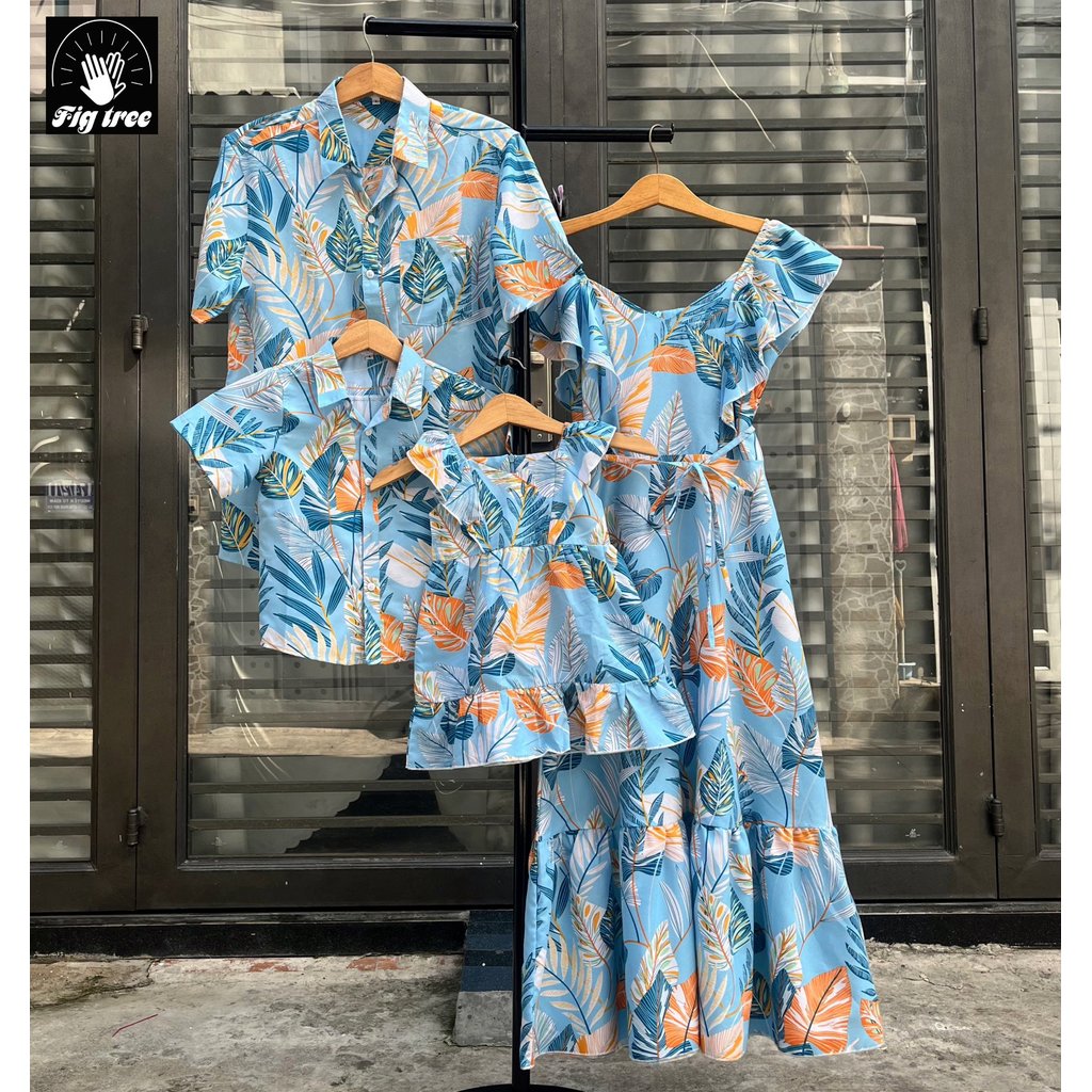 Đồ Gia Đình FIG TREE Họa Tiết Lá Xanh Da Trời Dành Cho Gia Đình Đi Biển, Du Lịch, Picnic, MS 188