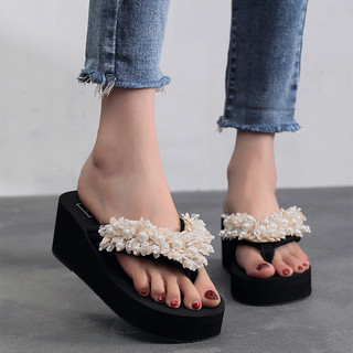 Mùa Hè Đi Biển Kỳ Nghỉ Nguyên Chất Handmade Dép Treo Hạt Gót Cao Flip-Flops Nữ Plus Size Flip-Flops O2NS