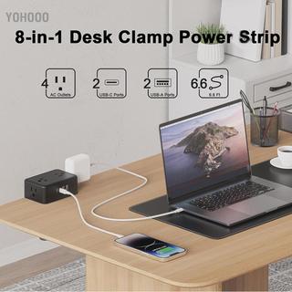 yohooo Oreilet Kẹp để bàn Dải nguồn Trạm sạc gắn trên máy tính để bàn với 4 ổ cắm Cổng USB (2 C) SurgeProtector NightstandEdge Dây nối dài 6,56ft cho văn phòng tại nhà (phích cắm US)