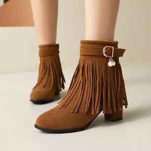 VNTMLH34-43 Kích Thước Lớn Thời Trang Retro Tua Rua Ngọc Trai Khóa Phẳng Giày Bốt Ngắn Mũi Tròn Dày Gót Bên Dây Kéo Dây Lưng Giày Bốt Ngắn Phù Hợp