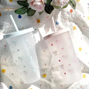 TRTR Kawaii Bình Nước Thẩm Mỹ Tumbler Cho Đá Cà Phê Nước ép Trà Nơ Dễ Thương Cốc Nhựa Có Nắp Ống Hút Chai Uống Di Động VN