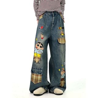 Mới! Quần Jean Ống Rộng Nữ Thêu Hình Crayon Shin-chan và Kẻ Sọc