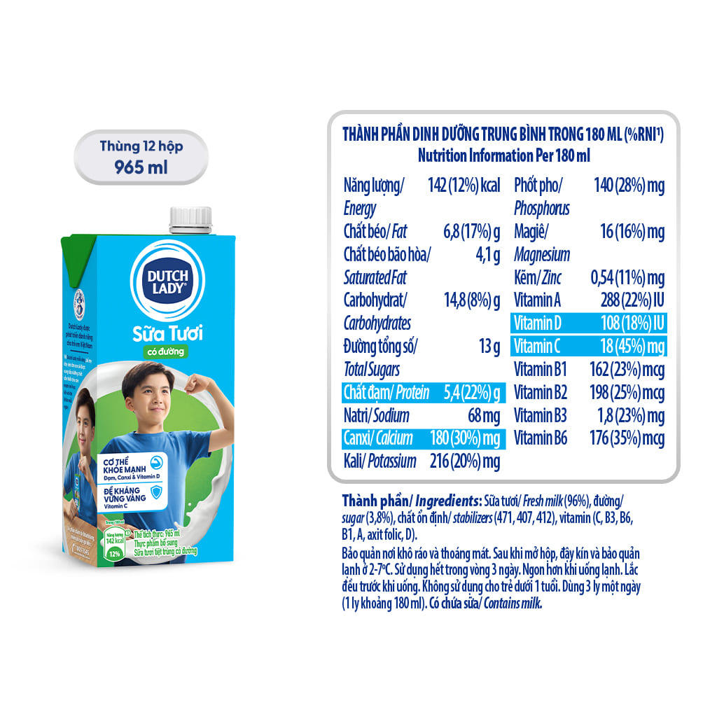 [Combo Giá Sỉ] Sữa Tươi Tiệt Trùng Dutch Lady Có Đường Và Không Đường Hộp 965ml Thơm Ngon Bổ Dưỡng