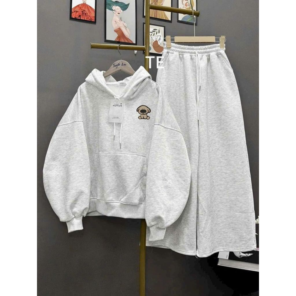 Set thu đông quần ống rộng xám tiêu kết hợp áo hoodie nỉ mũ 2 lớp unisex Hàn trái timm