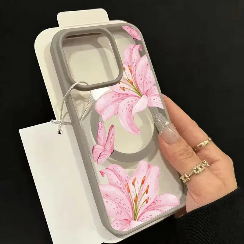 Dành Cho iPhone 16 15 11 12 13 14 Pro 17 Max 14 15 Plus 16e Ốp Lưng Hoa Lượn Màu Hồng Trong Suốt Từ Tính Cứng Điện Thoại Chống Sốc