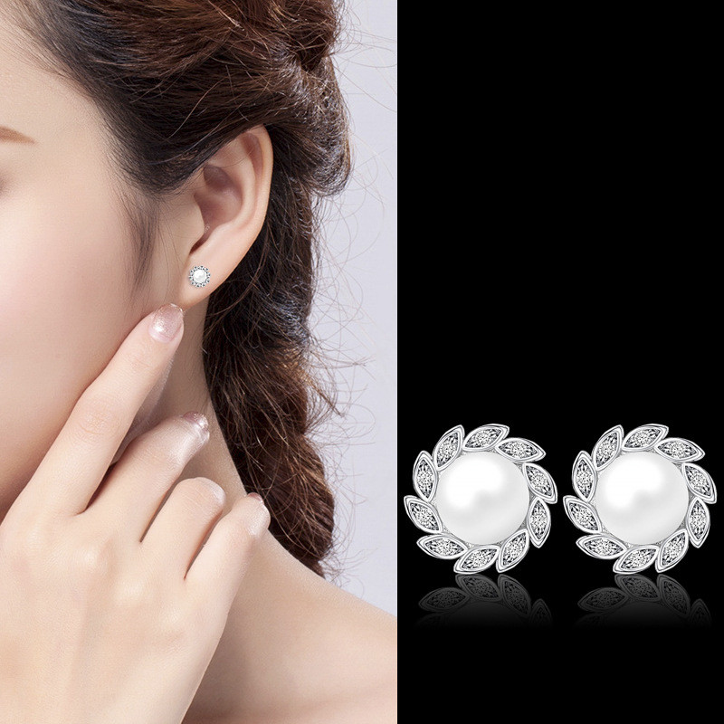 Bông tai thời trang nữ phong cách Hàn Quốc, ngọc trai và zircon giả bạc