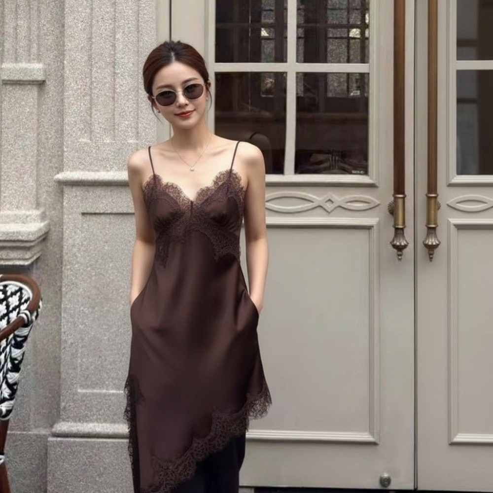 Đầm ren METUBE, chất liệu satin, cổ chữ V bất đối xứng, phù hợp dạ hội