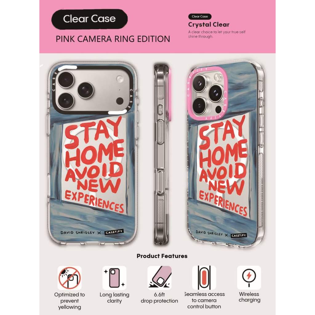 CASECASE X Stay Home Phone Case HỒNG CAMERA RING EDITION Tác động Vỏ hút từ tính trong suốt cho IPhone 17 / 16 / 15 / 14 / 13 Pro Max Air với bao bì cao cấp
