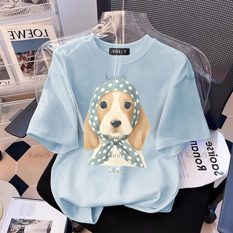 Kanos_shop | áo thun nữ form rộng, Hàn quốc dễ thương Dog print 100% cotton áo sơ mi tay ngắn