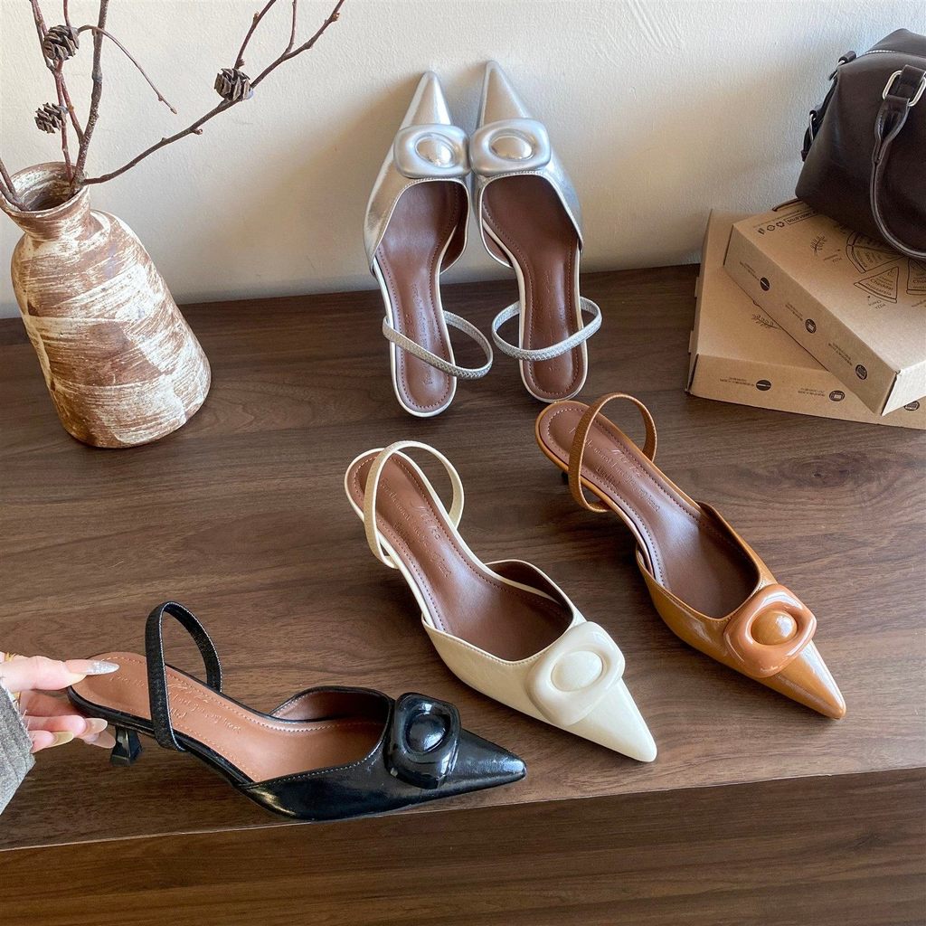 Giày Sandal Khóa Vuông Mũi Nhọn TT Nữ Cao Gót Lưng Rỗng Tính Khí Giày