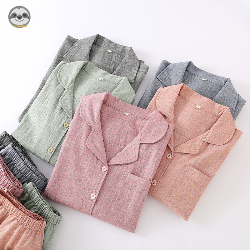 Phong cách Nhật Bản Muji Style / Cặp đôi Dark Check Pure Cotton dài tay Loungewear / Bộ đồ ngủ nam nữ mùa xuân thu / Bộ đồ ngủ đi chơi mềm mại thoải mái