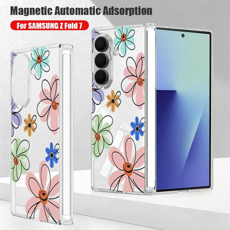 Ốp điện thoại trong suốt hấp phụ từ tính cho Samsung Galaxy Z Fold 7 6 5 Fold7 Fold6 Fold5 5G Vỏ chống sốc in hoa
