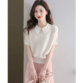 Dễ thương Áo Polo Băng Lụa Tay Ngắn Cho Nữ, Phong Cách Hàn Quốc, Mùa Hè