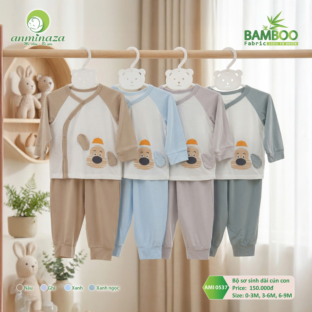 Bộ Sơ Sinh Dài Cún Con Anminaza Chất Vải Sợi Tre Petit An Toàn Thấm Hút Mồ Hôi - Hàng Chính Hãng AMI0537