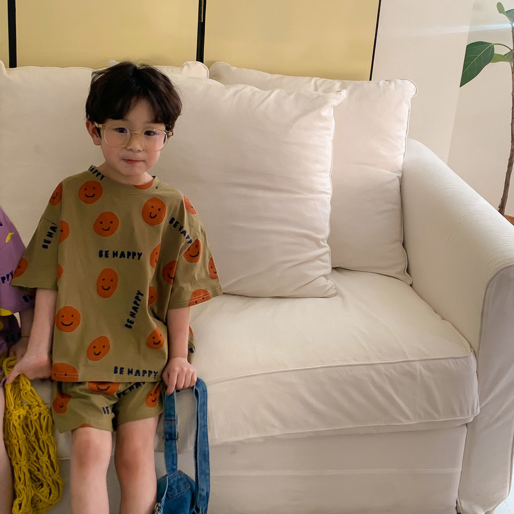 Phiên Bản Mùa Hè Hàn Quốc Trẻ Em Hai Mảnh Hoạt Hình Mặt Cười Quần Short Tay Ngắn Phù Hợp Với 90-140 Size ONZP