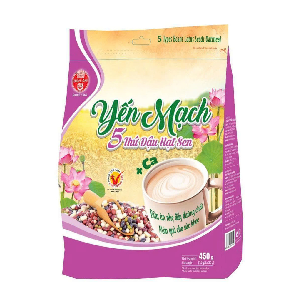 Ngũ Cốc Yến Mạch 5 Thứ Đậu Hạt Sen Ăn Liền Bích Chi 450g (15 gói x 30g) bữa ăn nhẹ đầy đủ dưỡng chất