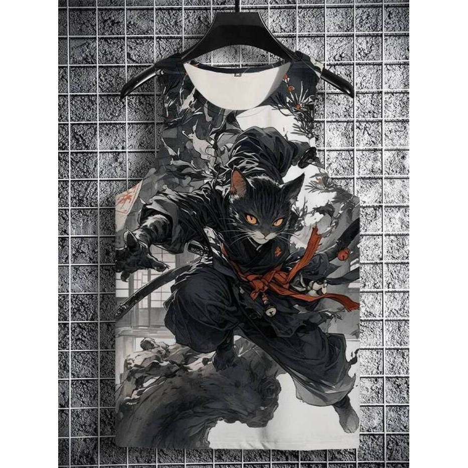 2026 Anime Mới Samurai Mèo In 3D Unisex Áo Vest Rời Không Tay Áo Thun