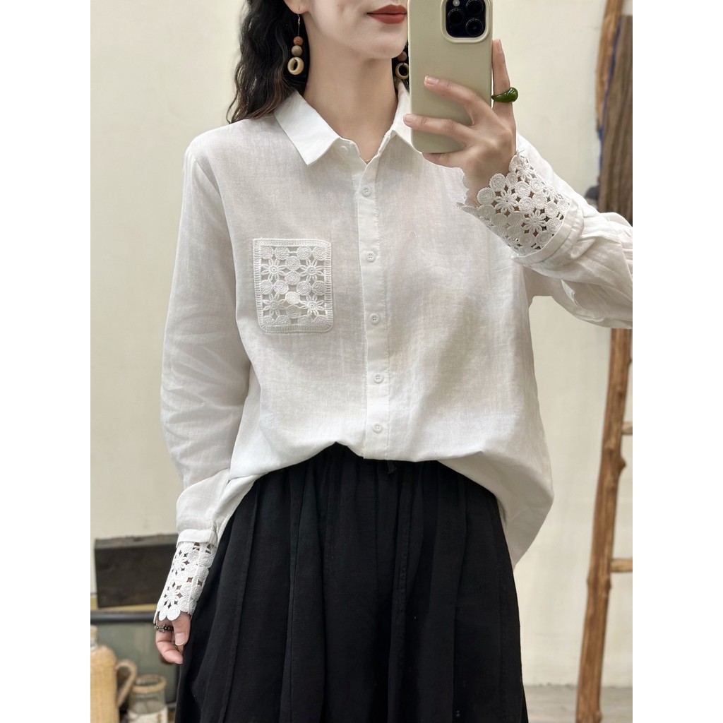 [Hàng có sẵn] Áo sơ mi nữ 100% cotton và ren, chất lượng cao, phù hợp mùa xuân