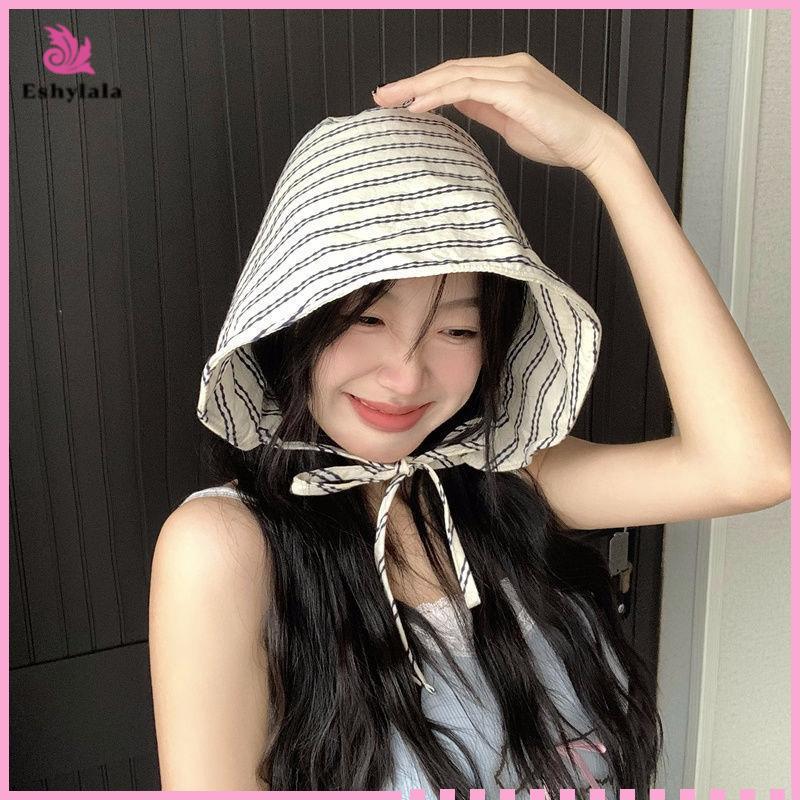 Mũ Beanie nữ phong cách Hàn Quốc, gấp gọn có dây cột, sọc kẻ, thích hợp đi biển