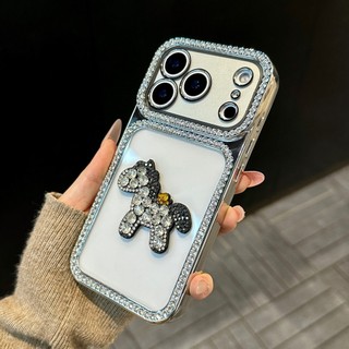 Khung Kim Cương 3D Ngựa Trong Suốt Mạ Điện Acrylic Ốp Lưng Điện Thoại iPhone 17Promax 17Pro 13 14 15 16 Pro Max Chống Sốc Bảo Vệ Toàn Diện Ống Kính Nữ Vỏ Di Động