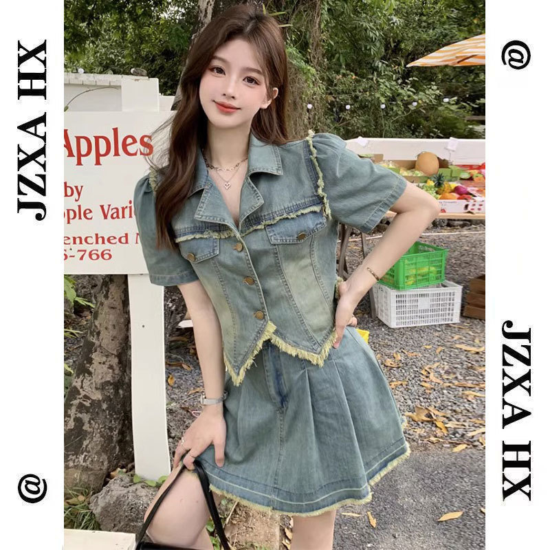 Bộ Váy Denim Cỡ Lớn Cho Nữ, Bộ Hai Chiếc Tôn Dáng Gầy, Váy Ngắn Phong Cách Thuần Khiết Mặc Kiểu Mỹ Ngọt Ngào Và Cay