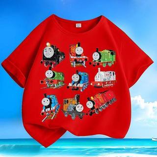 Áo thun cổ tròn có hình Thomas the Tank Engine, thoải mái và giản dị, phù hợp cho bé trai.