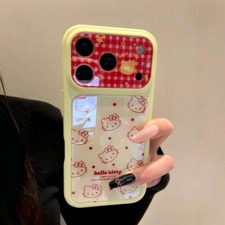 Bảo vệ toàn bộ ống kính Vỏ điện thoại kẻ sọc màu kẹo Hellokitty cho iPhone 17Promax 17Pro 15 16 Pro Max Vỏ Acrylic mạ điện chống sốc cho nữ