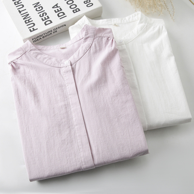Áo sơ mi nữ trắng trơn cotton, cổ tròn, dễ giặt, phù hợp mùa xuân