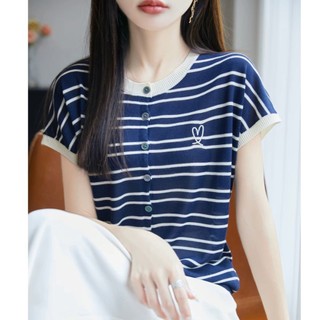 Áo len cổ tròn tay ngắn nữ, thiết kế sọc đơn giản, thời trang mùa hè