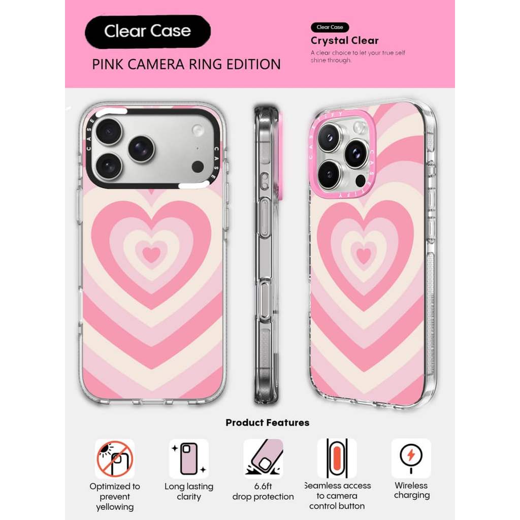 CASECASE X Vortex Love Phone Case HỒNG CAMERA RING EDITION Tác động Vỏ hút từ tính trong suốt cho iPhone 17 / 16 / 15 / 14 / 13 Pro Max Air với bao bì cao cấp