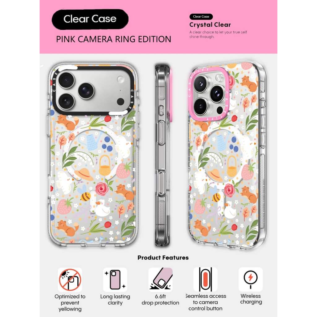 CASECASE X Vỏ Điện Thoại Động Vật Thơm HỒNG CAMERA RING PHIÊN BẢN Tác Động Vỏ Hút Từ Tính Trong Suốt Cho IPhone 17 / 16 / 15 / 14 / 13 Pro Max Air Có Bao Bì Cao Cấp